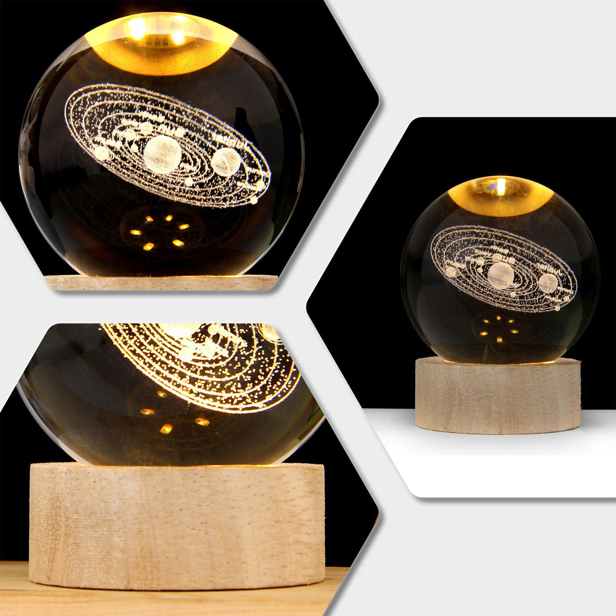 3D Crystal Ball with Warm Light Wooden Base Small Night Light Desktop Decoration Ornaments Holiday Gift USB Plug and Play