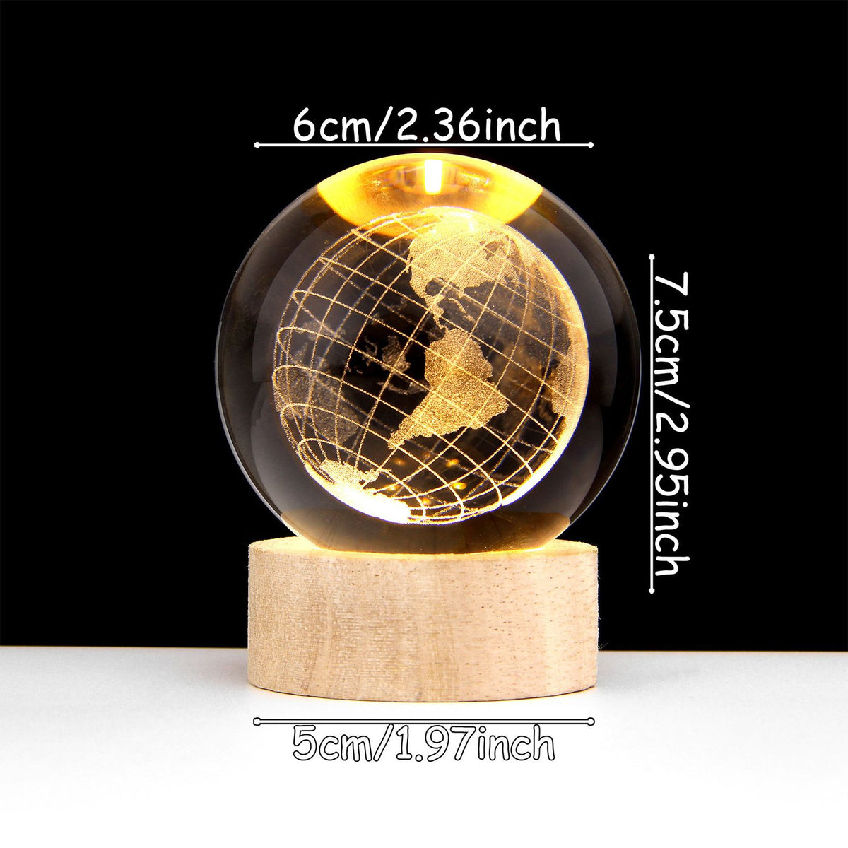 3D Crystal Ball with Warm Light Wooden Base Small Night Light Desktop Decoration Ornaments Holiday Gift USB Plug and Play