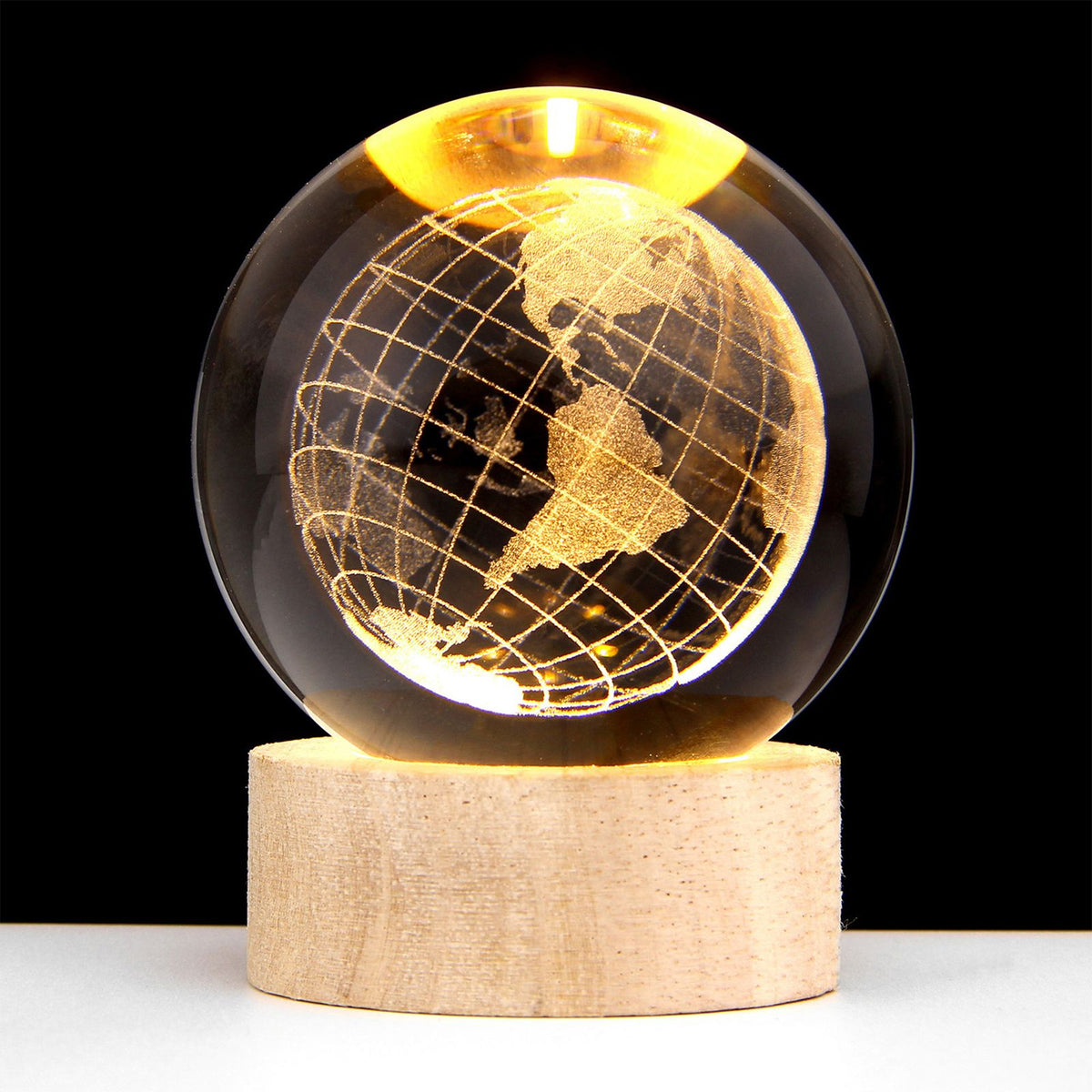3D Crystal Ball with Warm Light Wooden Base Small Night Light Desktop Decoration Ornaments Holiday Gift USB Plug and Play