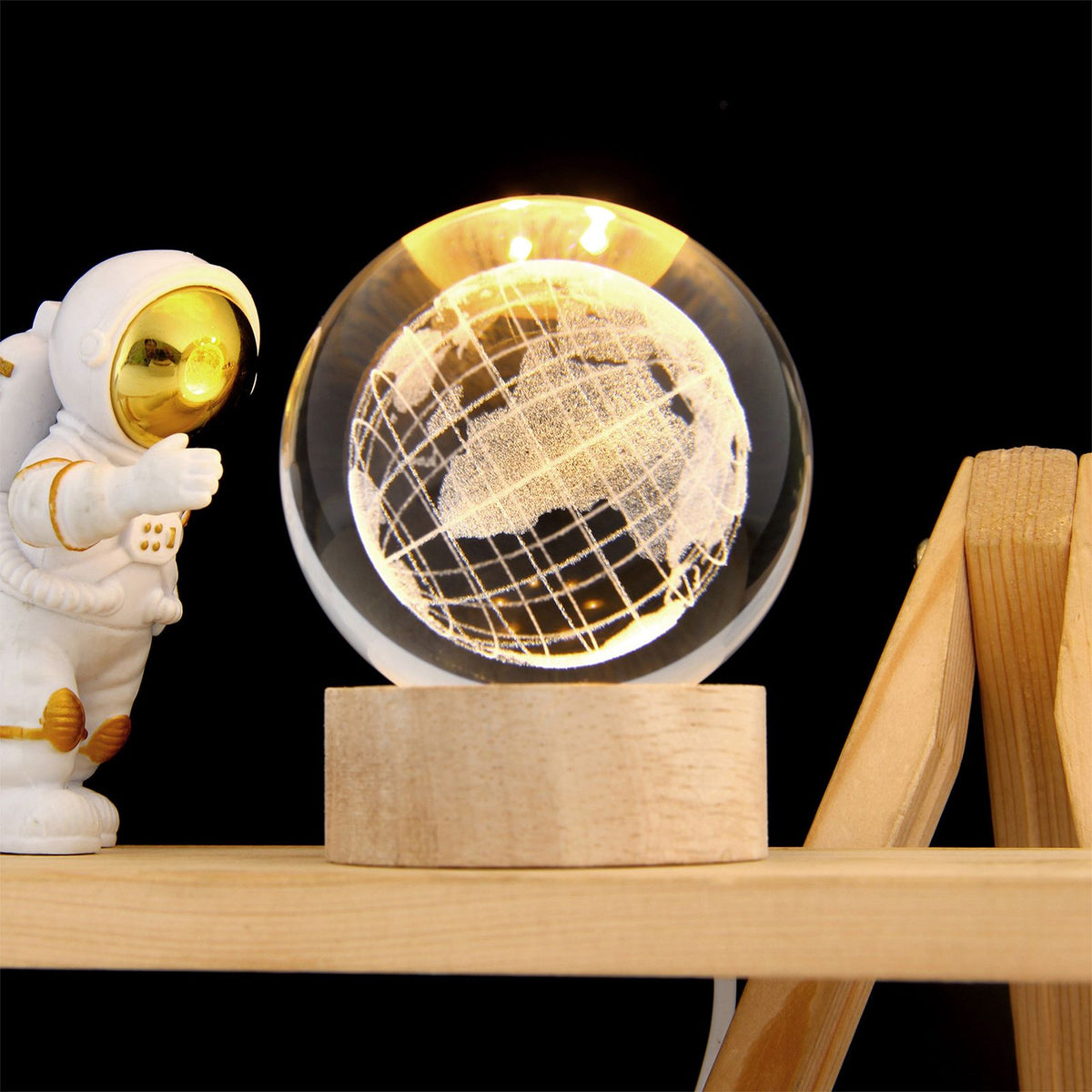 3D Crystal Ball with Warm Light Wooden Base Small Night Light Desktop Decoration Ornaments Holiday Gift USB Plug and Play