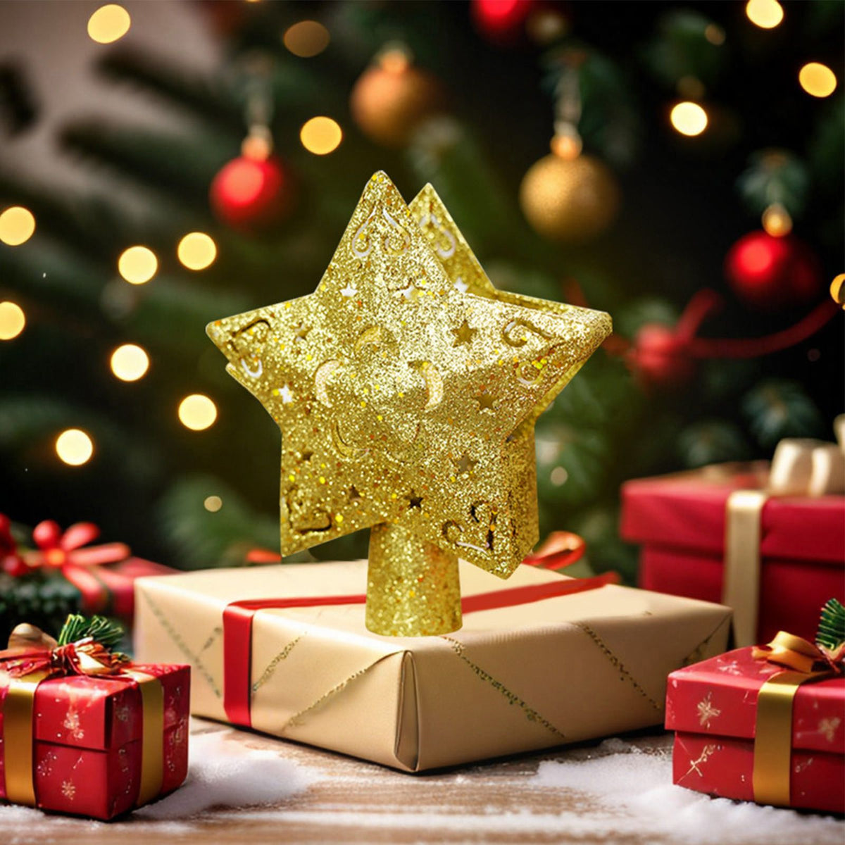 LED Christmas Tree Top Projection Light Shiny Gold Christmas Tree Top Decoration with 5 Slides Rotating Dynamic Projection