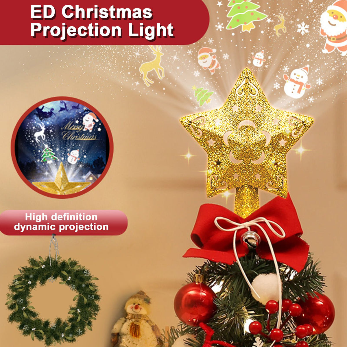 LED Christmas Tree Top Projection Light Shiny Gold Christmas Tree Top Decoration with 5 Slides Rotating Dynamic Projection