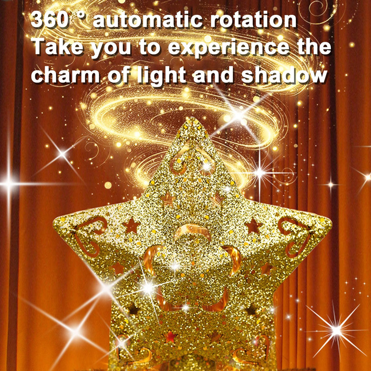 LED Christmas Tree Top Projection Light Shiny Gold Christmas Tree Top Decoration with 5 Slides Rotating Dynamic Projection