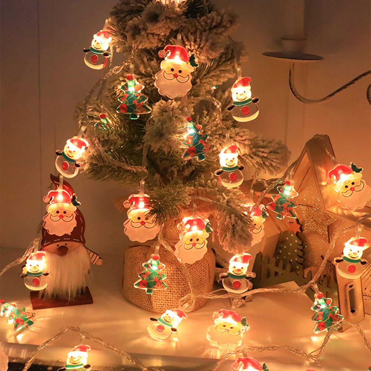 Christmas Light Strings Snowman Santa Christmas Tree Ornaments Festive Window Dressing Lights Warm White LED Xmas Lights for Holiday Decoration