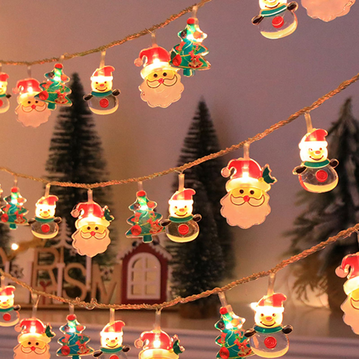 Christmas Light Strings Snowman Santa Christmas Tree Ornaments Festive Window Dressing Lights Warm White LED Xmas Lights for Holiday Decoration