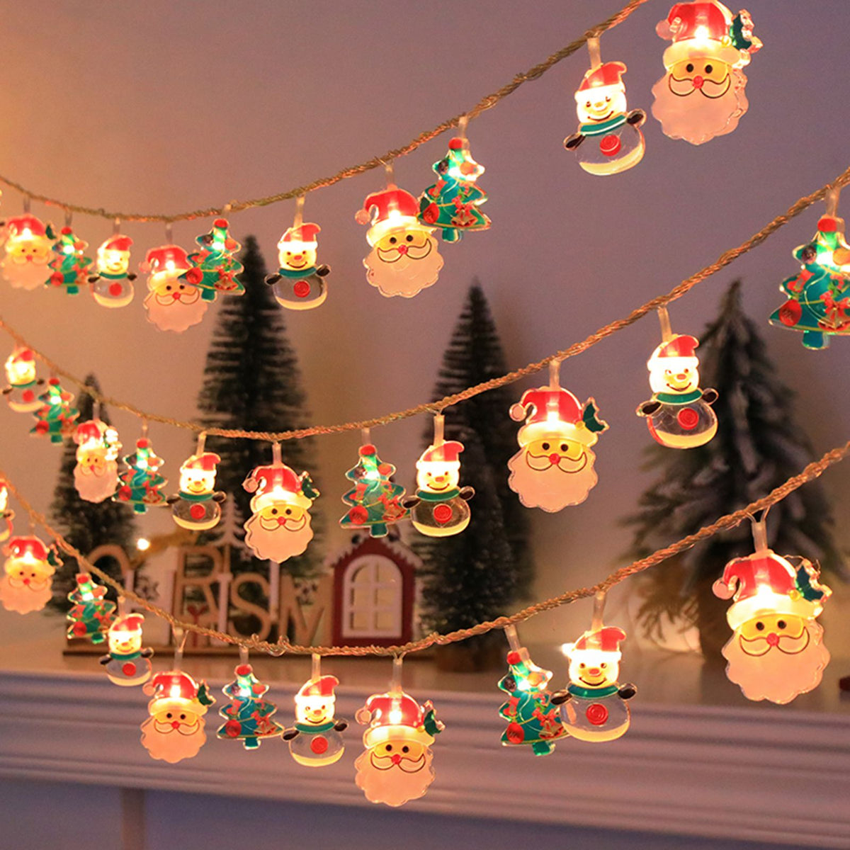 Christmas Light Strings Snowman Santa Christmas Tree Ornaments Festive Window Dressing Lights Warm White LED Xmas Lights for Holiday Decoration