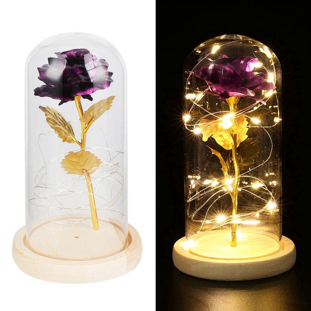 LED Rose Bedside Lamp Glass Night Light Birthday Gift Home Decoration (Purple)