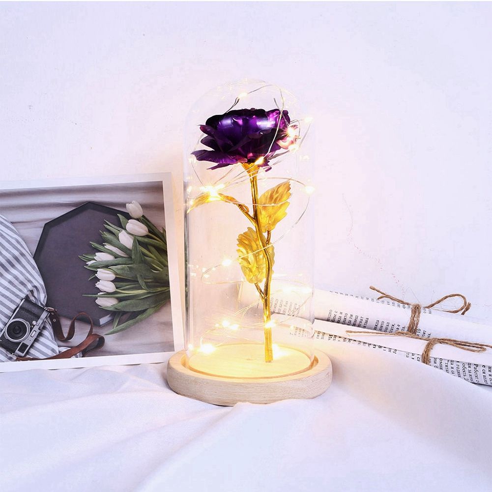 LED Rose Bedside Lamp Glass Night Light Birthday Gift Home Decoration (Purple)