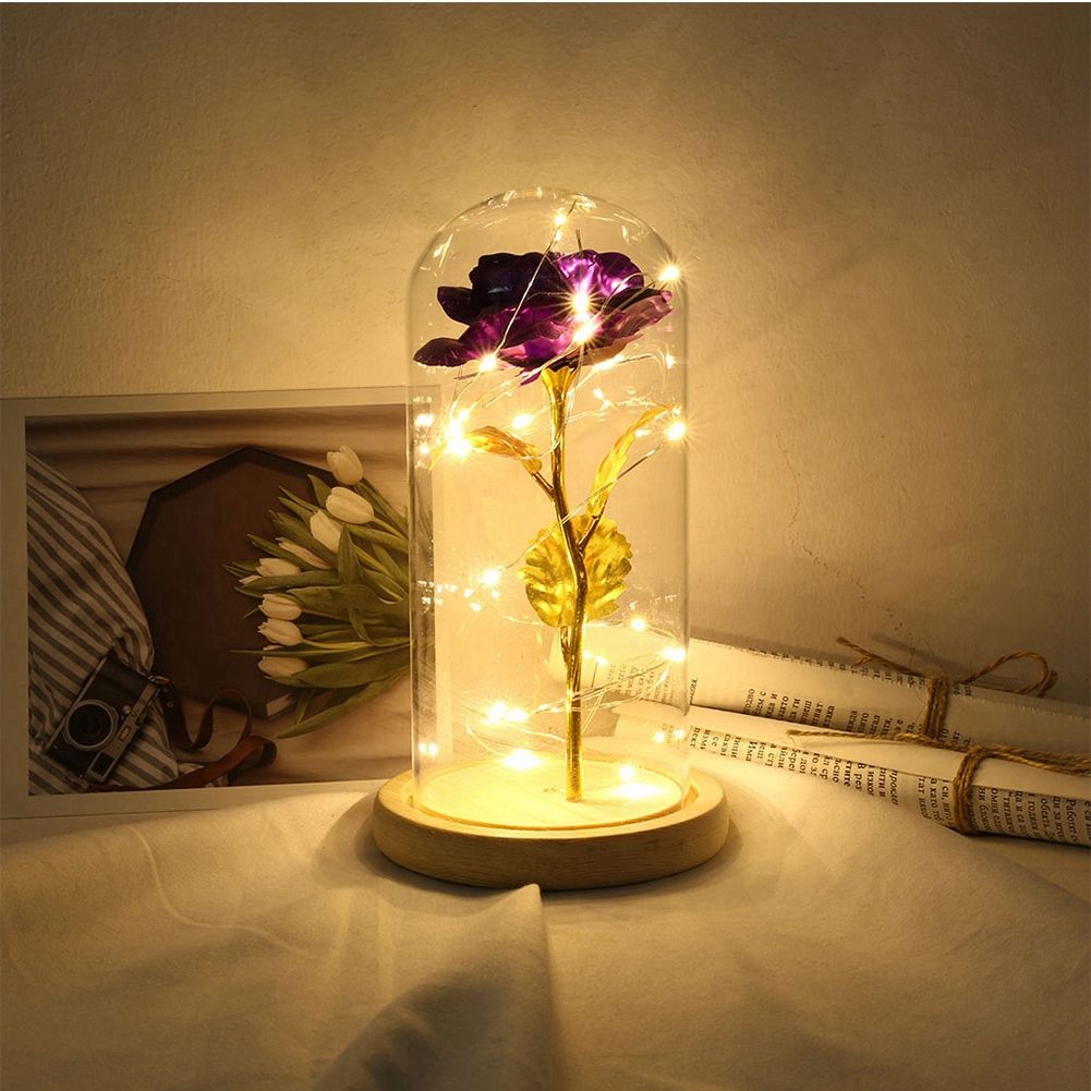 LED Rose Bedside Lamp Glass Night Light Birthday Gift Home Decoration (Purple)