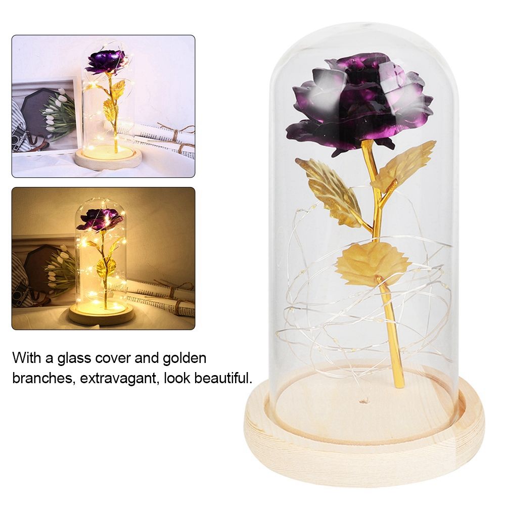 LED Rose Bedside Lamp Glass Night Light Birthday Gift Home Decoration (Purple)