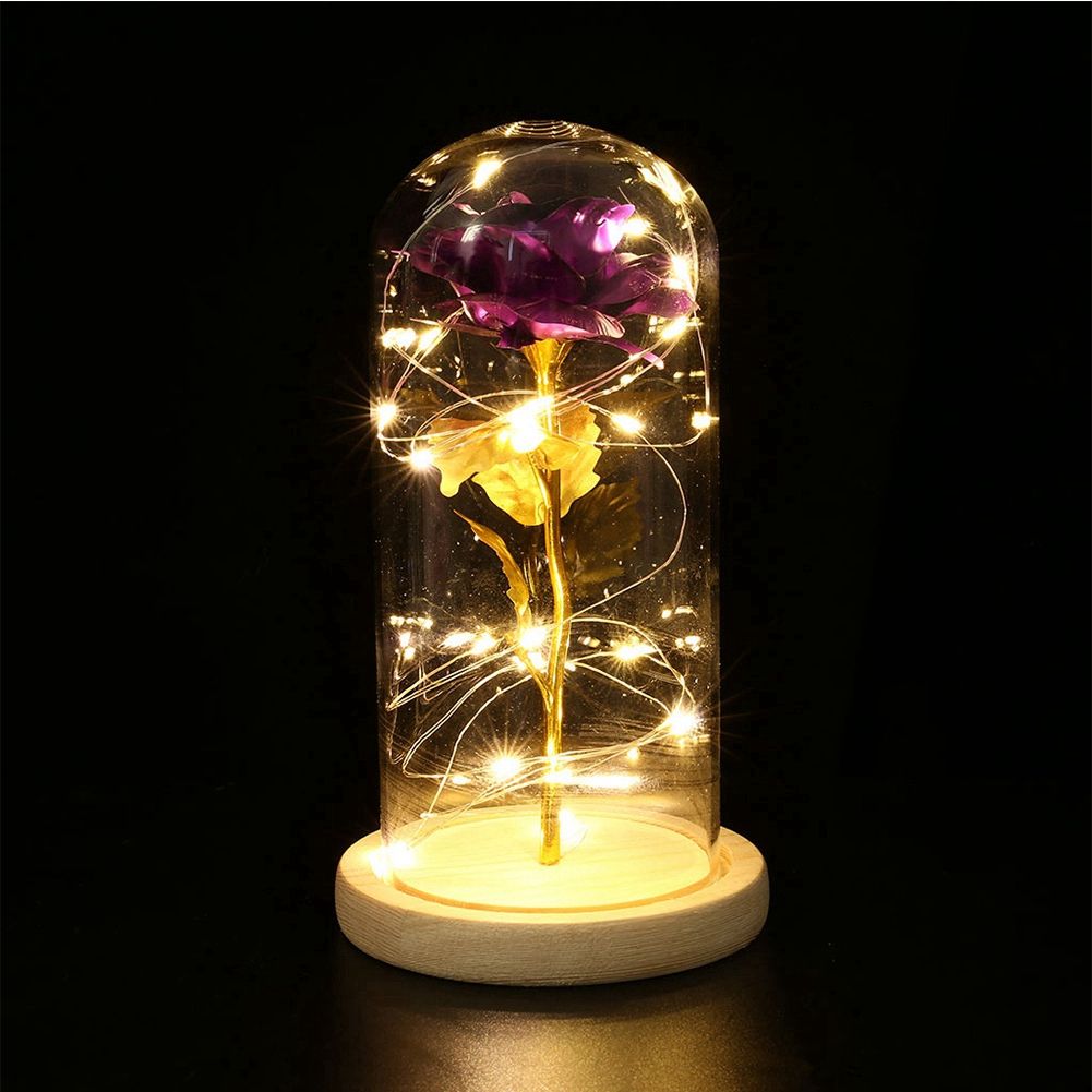 LED Rose Bedside Lamp Glass Night Light Birthday Gift Home Decoration (Purple)