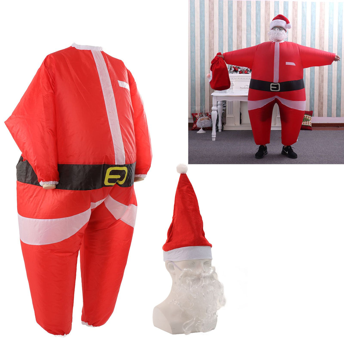 Inflatable Santa Suit Vivid Colors Battery Powered Inflator Polyester Inflatable Christmas Suit for 5.2 to 6.1ft Tall