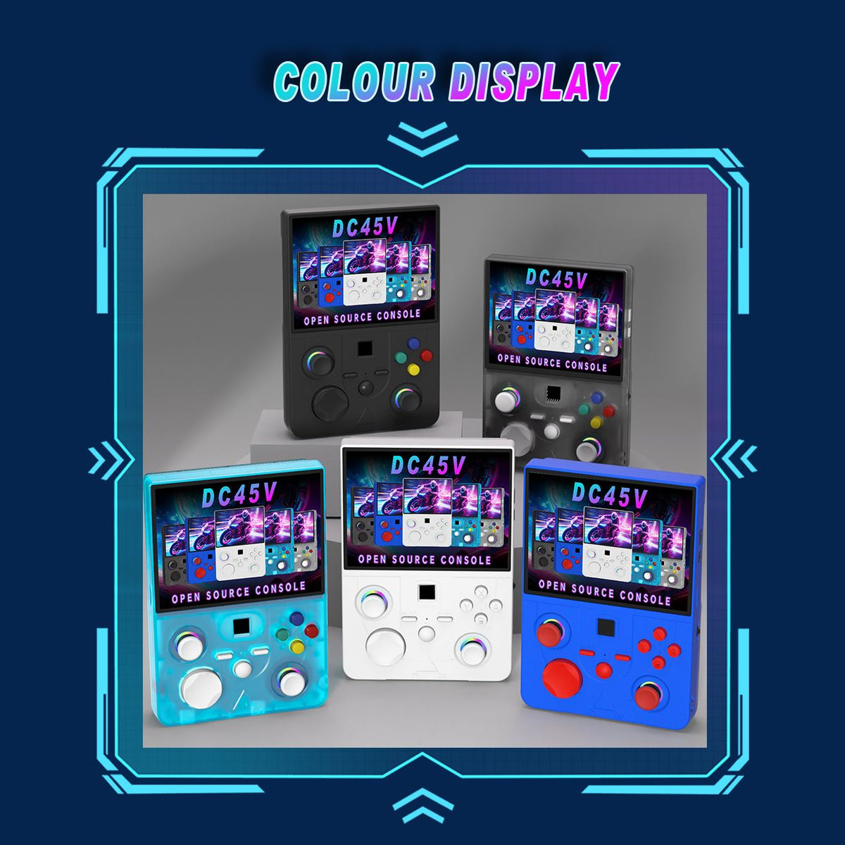 DC45V Retro Handheld Game Console, 4.5‑Inch HD IPS Full View Screen，transparent blue