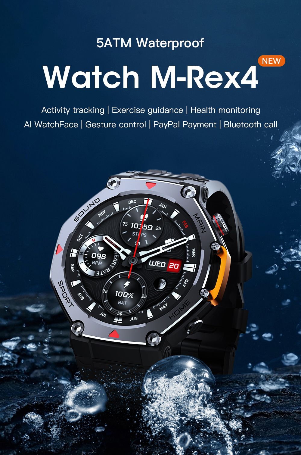 M-Rex4 Men Rugged GPS Smart Watch, 5ATM Waterproof Bluetooth Call Fitness Tracker Heart Rate Sleep Monitor，Orange Red
