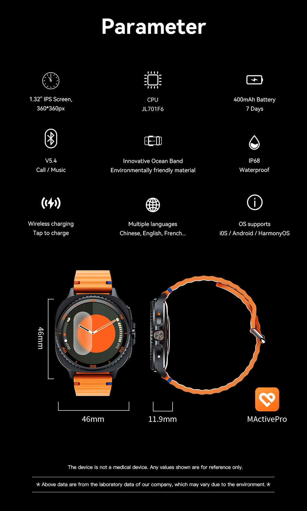 Watch8Classic-MA33 Fitness Smartwatch Bluetooth Call Waterproof Health Tracker for iPhone Android,Orange