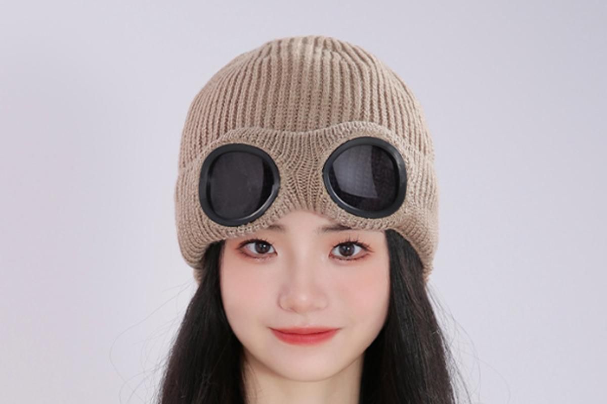 Winter Ski Hat with Goggles - Thermal Knit Beanie for Men & Women - Khaki