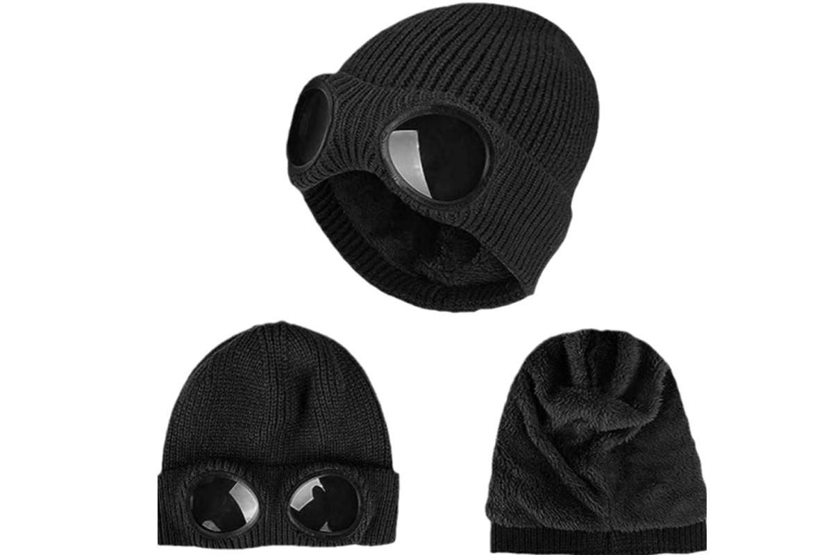 Winter Ski Hat with Goggles - Thermal Knit Beanie for Men & Women - Black