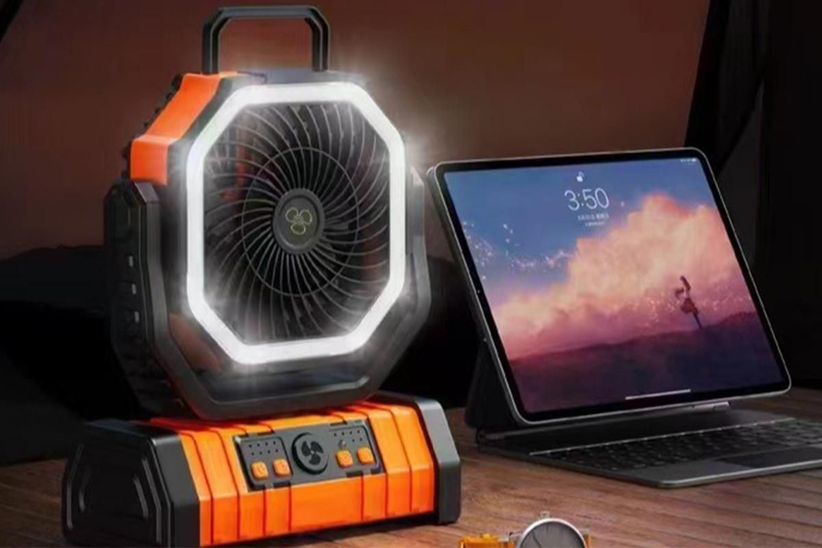 Portable Camping Fan with Light Large Capacity Outdoor Rechargeable Tent Fan - Orange