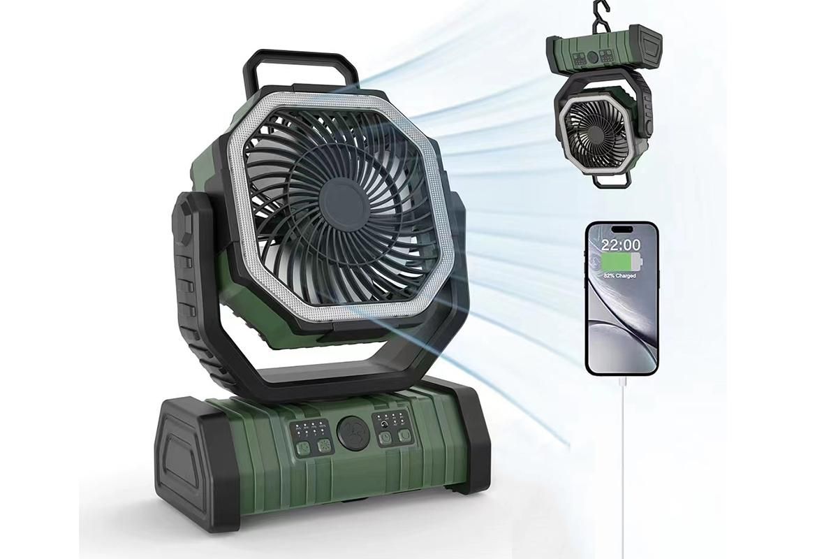 Portable Camping Fan with Light Large Capacity Outdoor Rechargeable Tent Fan - Army Green