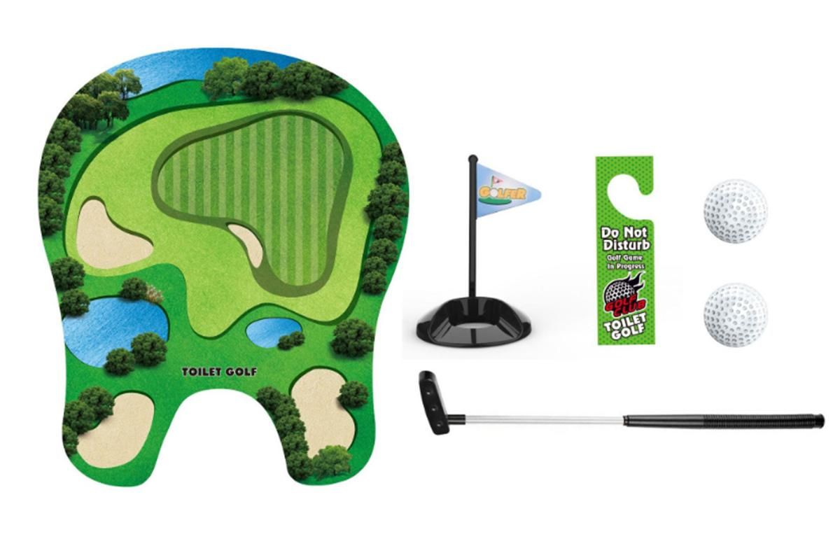 Toilet Golf Game Toilet Golf Toys Set with Practice Mat Golf Club 2 Balls Bathroom Practice Mini Golf in Restroom