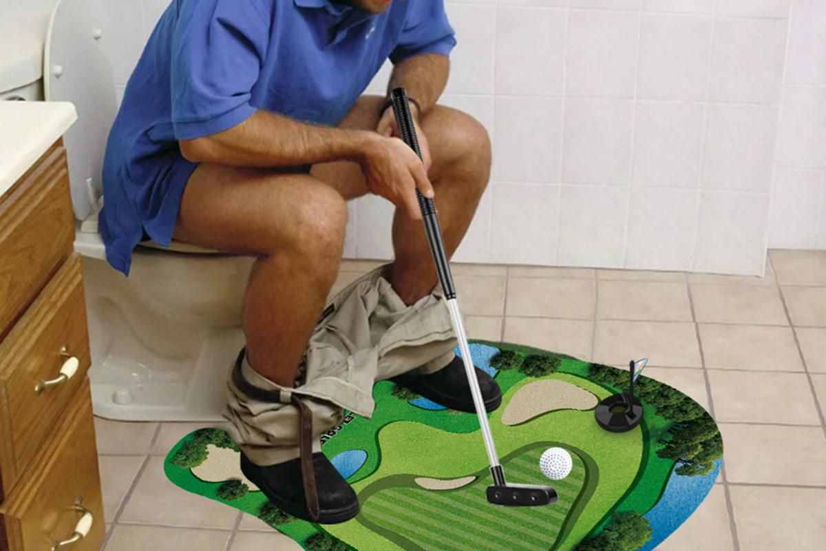 Toilet Golf Game Toilet Golf Toys Set with Practice Mat Golf Club 2 Balls Bathroom Practice Mini Golf in Restroom