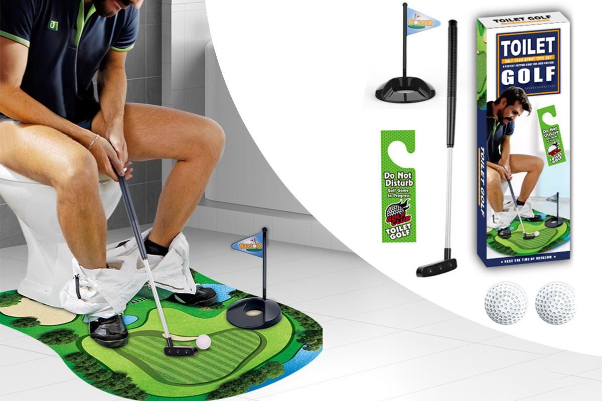 Toilet Golf Game Toilet Golf Toys Set with Practice Mat Golf Club 2 Balls Bathroom Practice Mini Golf in Restroom