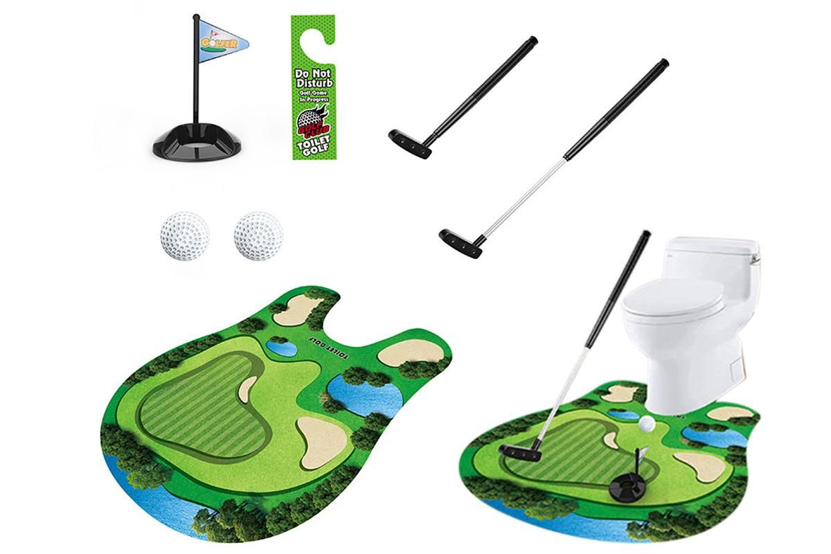 Toilet Golf Game Toilet Golf Toys Set with Practice Mat Golf Club 2 Balls Bathroom Practice Mini Golf in Restroom