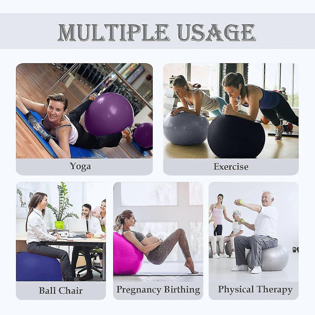 65cm Exercise Ball Extra Thick Yoga Ball Fitness Balance Trainer with Air Pump for Pilates Yoga Home Office Gym - Purple