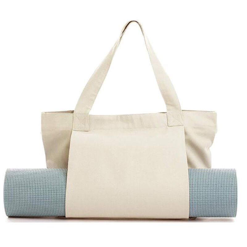 Yoga Tote Bag Canvas Gym Bag with Yoga Mat Holder and Zipper Pocket - Beige