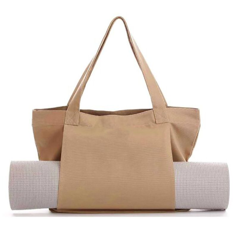 Yoga Tote Bag Canvas Gym Bag with Yoga Mat Holder and Zipper Pocket - Khaki