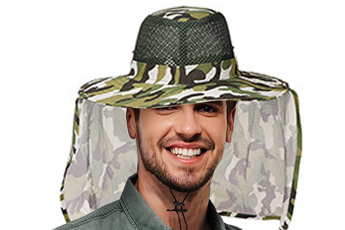 Adult Camouflage Bucket Hat Breathable Mesh Mountaineering Hat Wide Brim Fishing Cap Sun Shade Hat with Neck Flap(Brown)