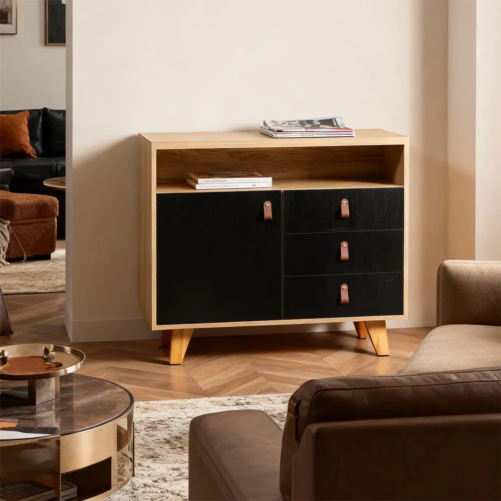 Eeeza Multi-Purpose Side Cabinet with 3 Drawers and 1 Door – Nordic Style Storage Unit with PU Handles