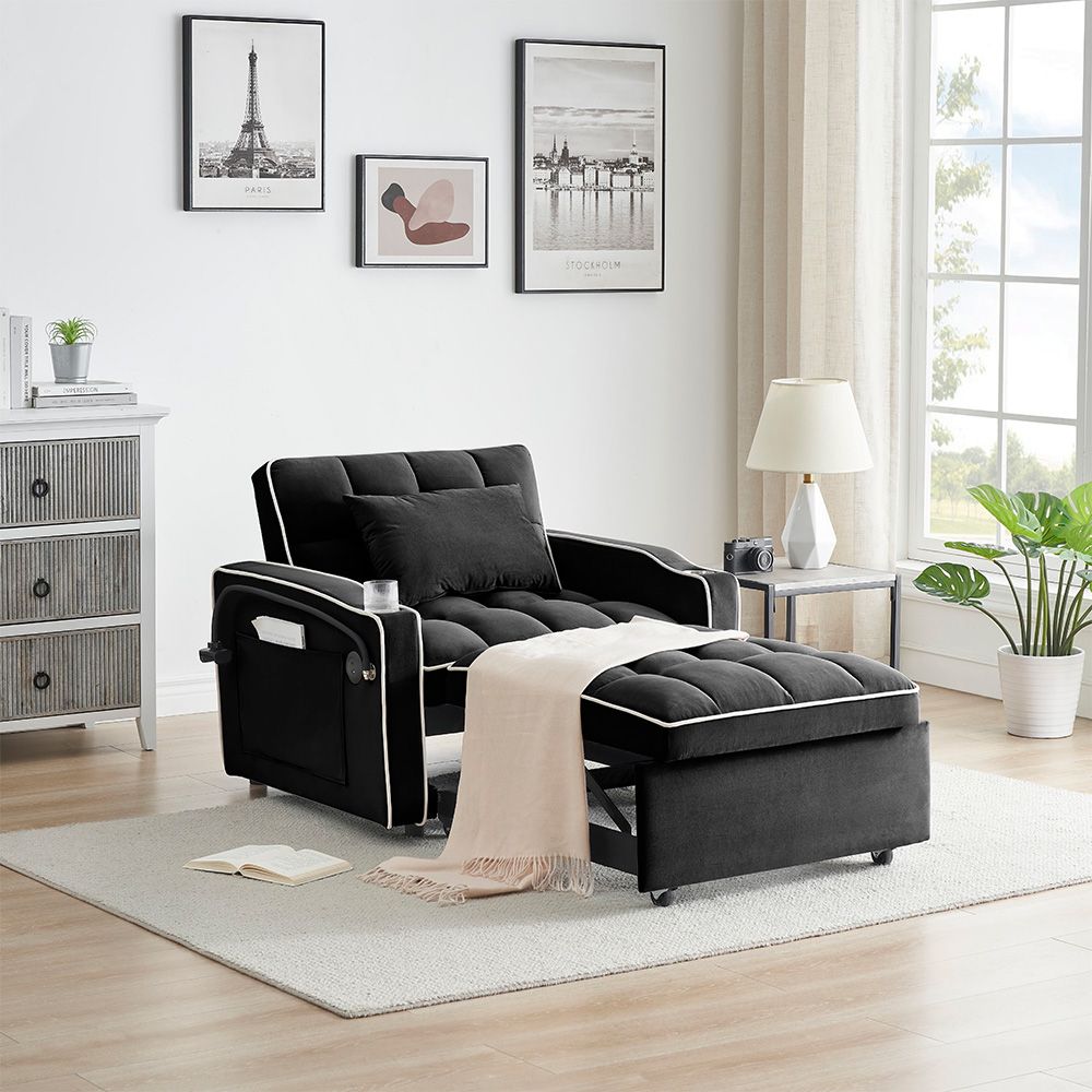 Single-seater sofa bed, equipped with USB ports and a phone holder - Grey