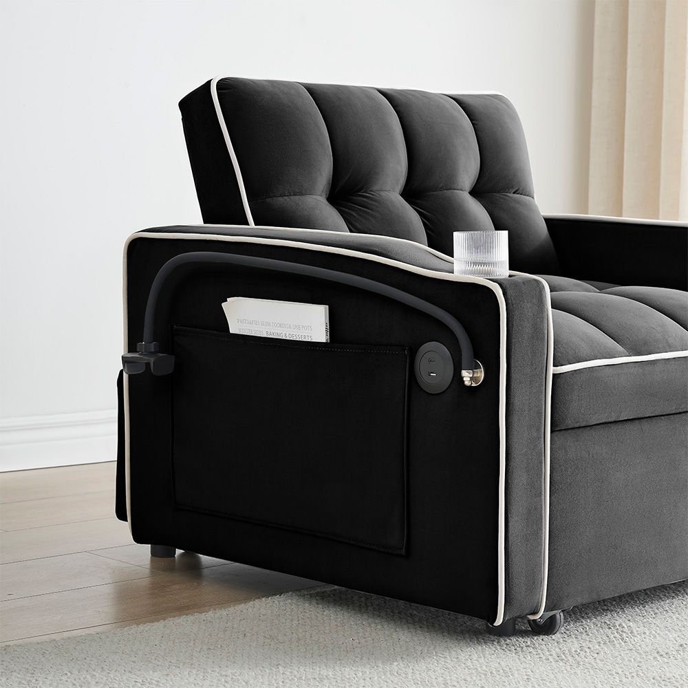 Single-seater sofa bed, equipped with USB ports and a phone holder - Beige
