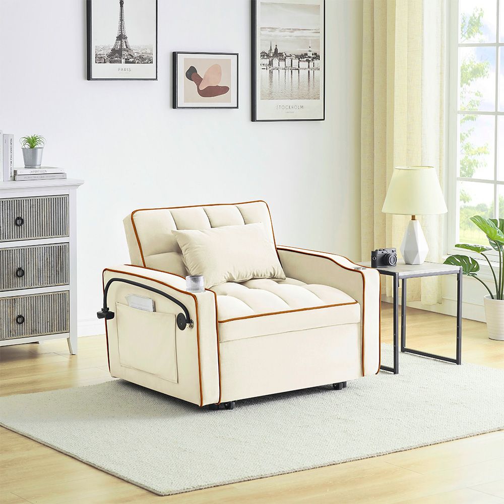 Single-seater sofa bed, equipped with USB ports and a phone holder - Beige