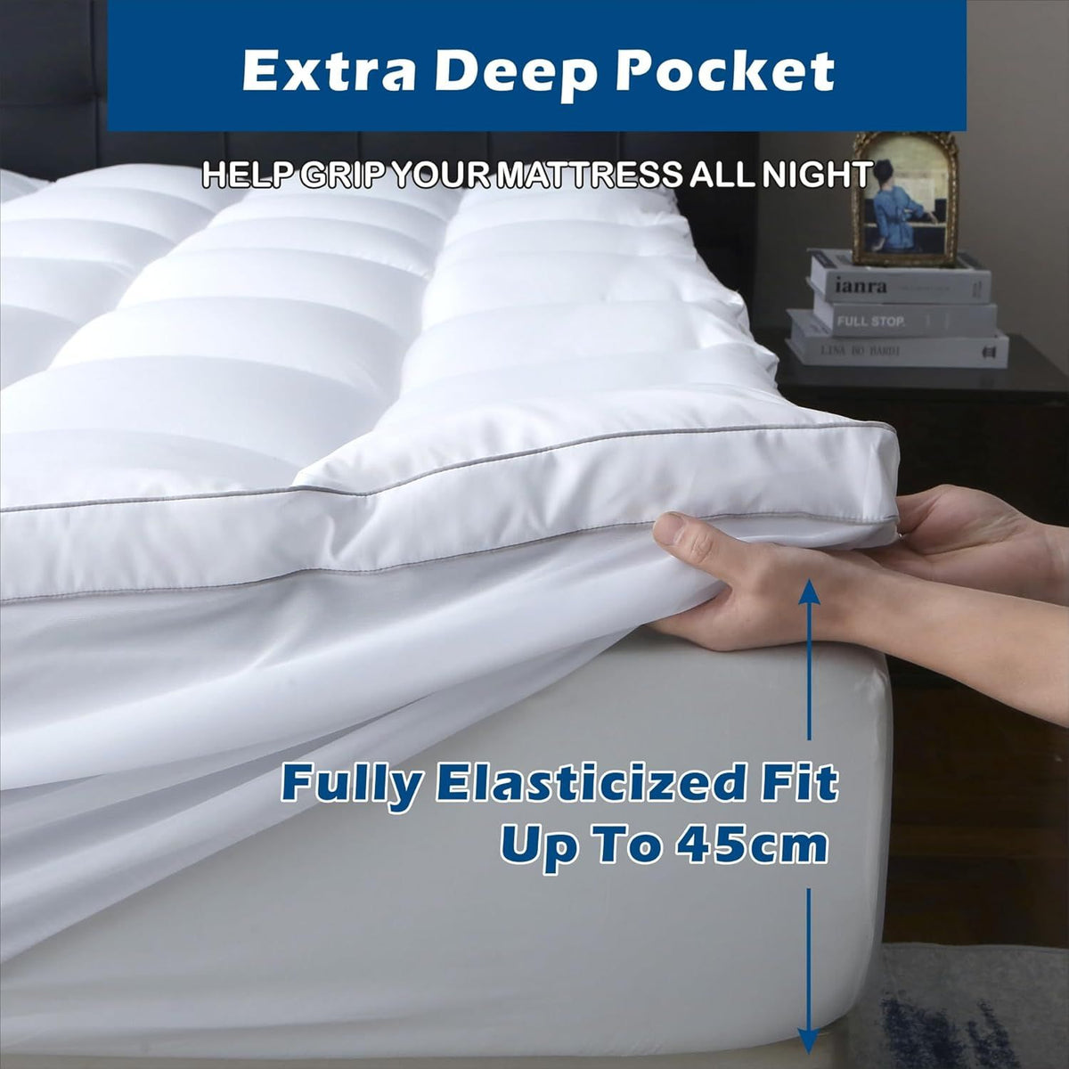1000GSM Mattress Topper Viscose Derived from Bamboo, Thick Pillowtop Fitted Mattress Cover with 45cm Deep Skirt - Machine Washable Hypoallergenic(Double,Black)