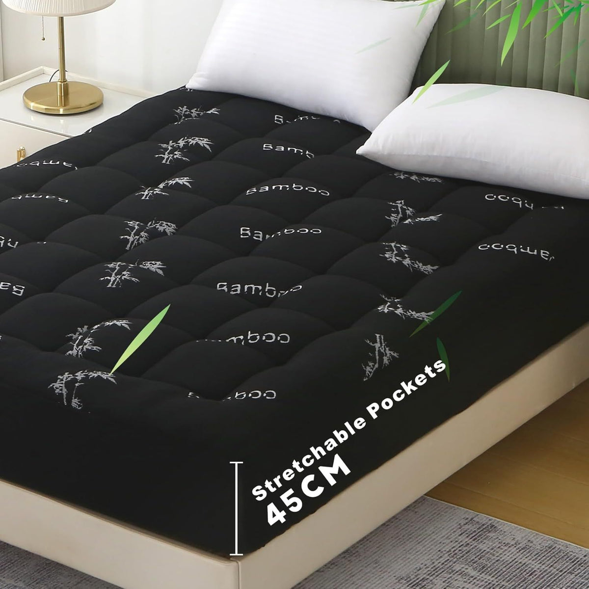 800GSM Mattress Topper Viscose Derived from Bamboo, Thick Pillowtop Fitted Mattress Cover with 45cm Deep Skirt - Machine Washable Hypoallergenic(Queen,,Black)