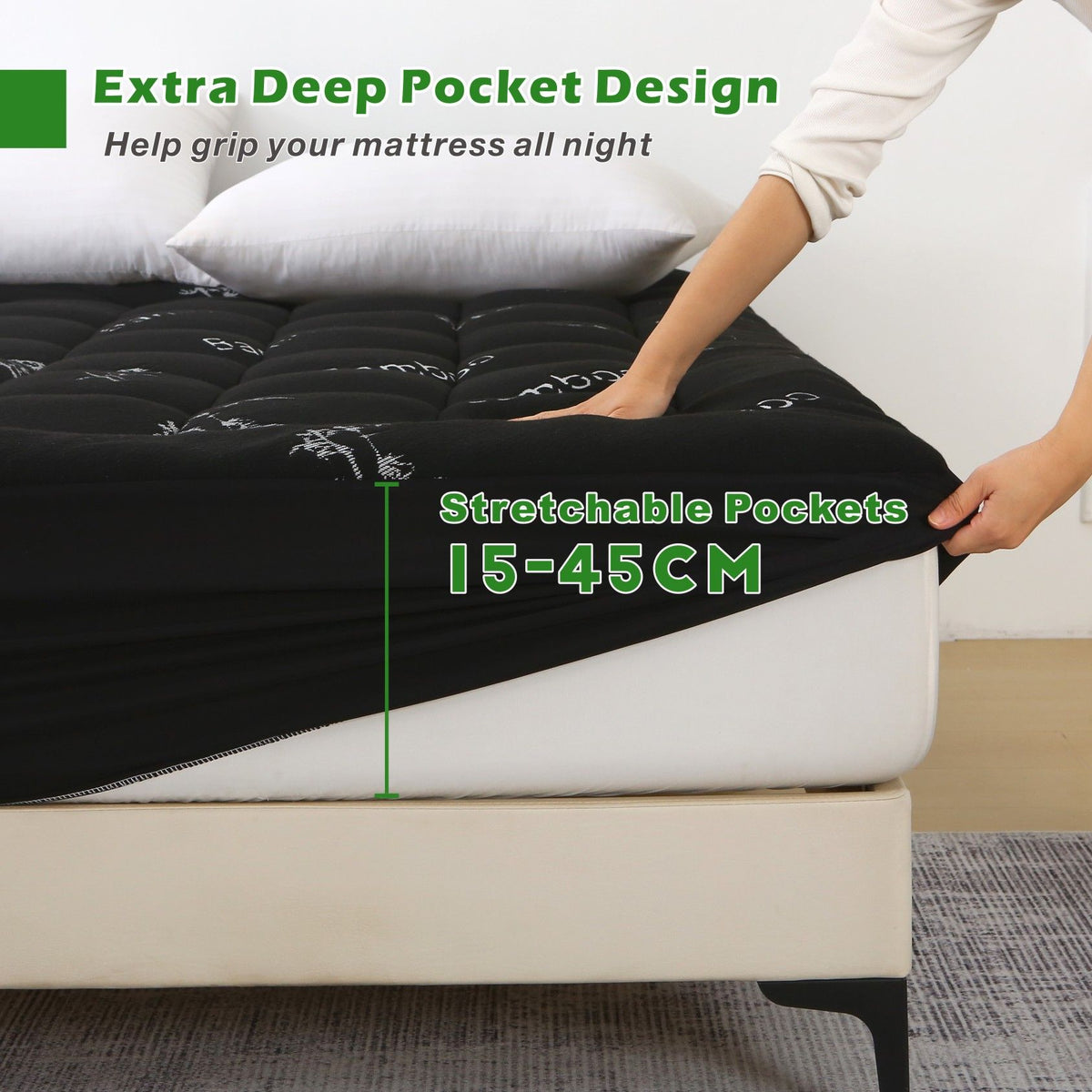 800GSM Mattress Topper Viscose Derived from Bamboo, Thick Pillowtop Fitted Mattress Cover with 45cm Deep Skirt - Machine Washable Hypoallergenic(Queen,,Black)