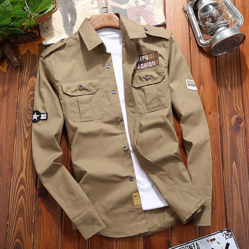 Jekop Men Long Sleeve Cotton Shirt Outdoor Workwear Army Green