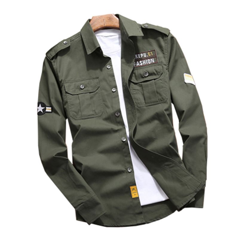 Jekop Men Long Sleeve Cotton Shirt Outdoor Workwear Khaki