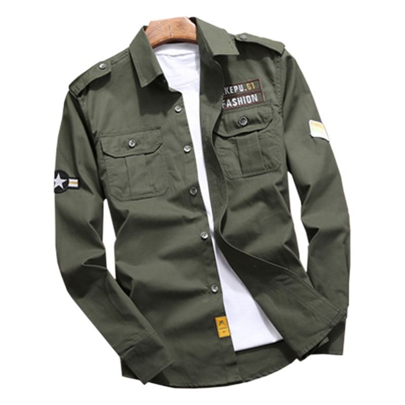 Jekop Men Long Sleeve Cotton Shirt Outdoor Workwear Khaki XXXL