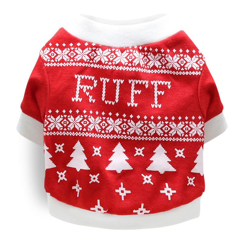 DROOLING DOG Pet Dog Cat Clothes Cotton T Shirt Red background and white border (Christmas tree) Size: S; Neck (cm): 24-28; Bust (cm): 32-38; Back length (cm): 22-25; Recommended pet weight (kg): 2.5 - 4.5