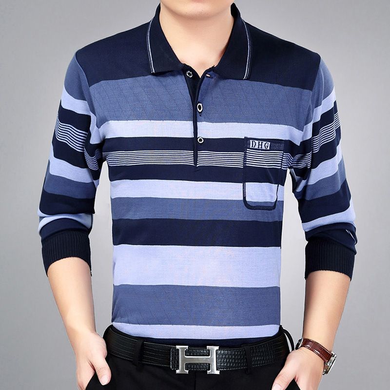 Men Pullover Collar Striped Knitwear Breathable... Dark blue