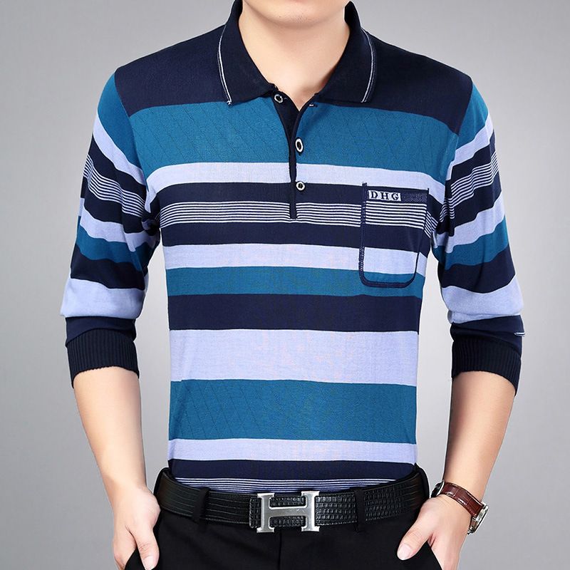 Men Pullover Collar Striped Knitwear Breathable... Dark blue XXL