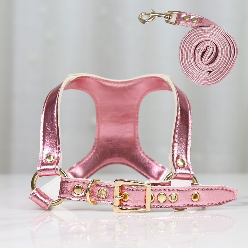 Shine Dog Cat Harness Leash PU Retractable Set Leather chest and back traction suit rose powder S (suitable for pets within 8kg)