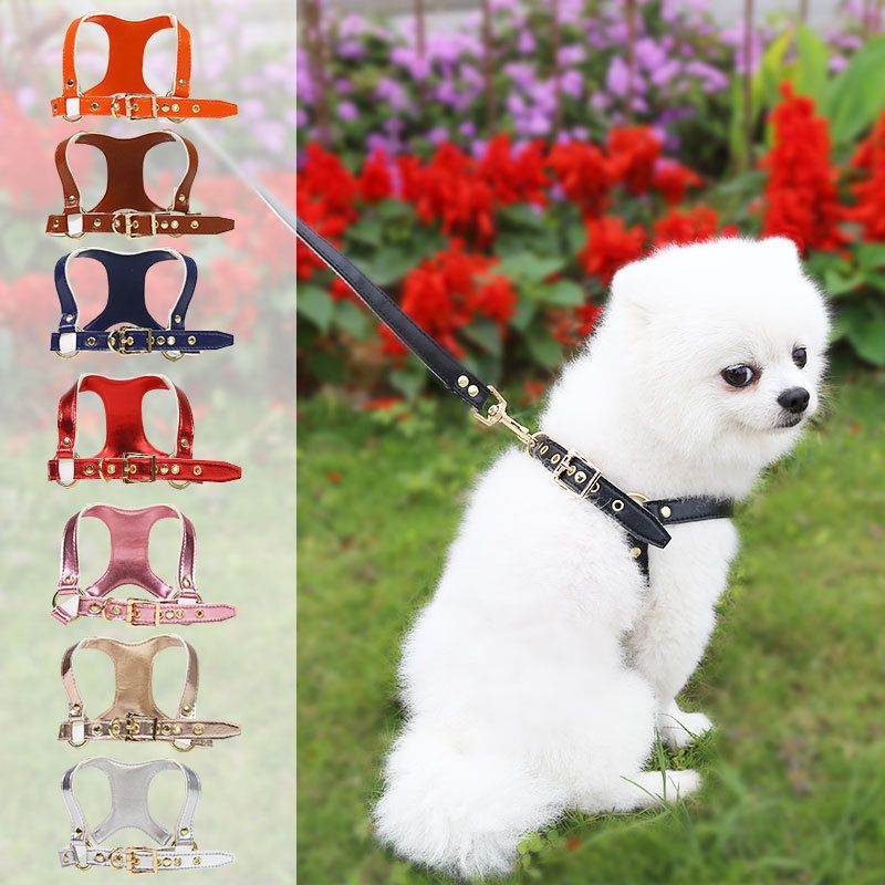 Shine Dog Cat Harness Leash PU Retractable Set Leather chest and back traction suit rose powder S (suitable for pets within 8kg)