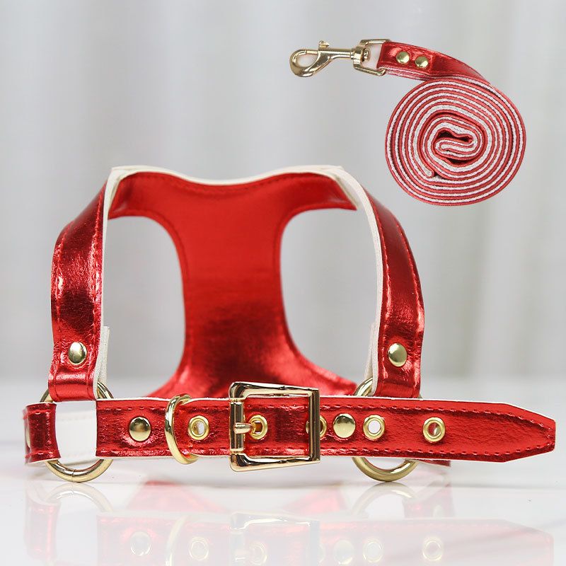 Shine Dog Cat Harness Leash PU Retractable Set Leather chest and back traction suit rose powder S (suitable for pets within 8kg)