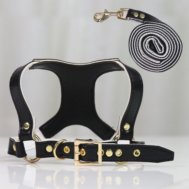 Shine Dog Cat Harness Leash PU Retractable Set Leather chest and back traction suit rose powder S (suitable for pets within 8kg)