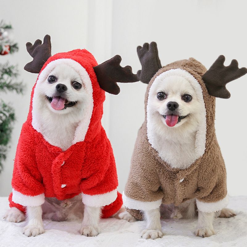 Pet Clothes Four Leg Fleece Winter Christmas Elk Four-Leg Thick Flannel Brown Elk S back length 25cm