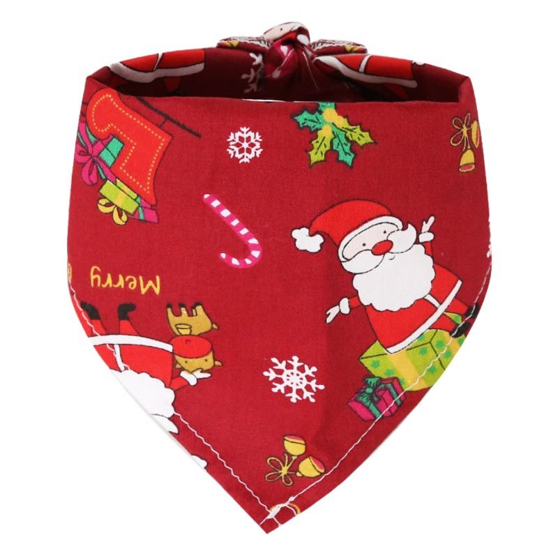 Dog Christmas Triangle Scarf Cotton Cartoon (Anhui hair) Christmas triangle scarf red background white deer Small size (suitable for pets within 10 Jin)